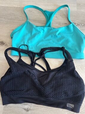 Fabletics Teal & Black Racerback Sports Bra Duo blue is small black is medium